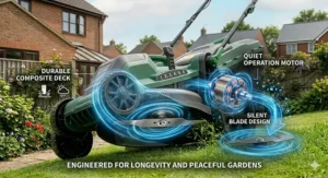 A detailed close-up illustration derived from the Greenstride mower, emphasizing its structural and functional design. One side has a durable composite deck cutaway showing stylized internal mesh, and the other has the motor assembly and blade with blue energy lines representing reduced noise and quiet operation.