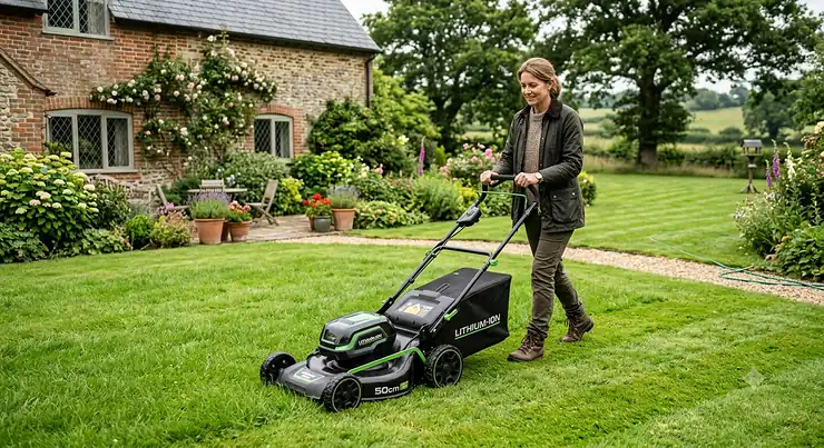 A modern, powerful cordless lawn mower cutting thick green grass in a spacious, typical British suburban back garden on a sunny day.