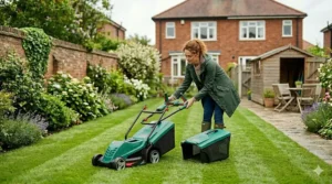 A compact cordless battery lawn mower being used to trim a small, enclosed urban garden lawn in the UK.