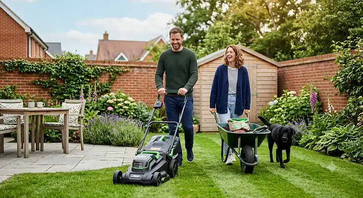 A happy British couple in a modern suburban garden using a compact cordless lawnmower on a neatly striped green lawn, featuring a garden shed and a black dog. cordless lawn mower under £200