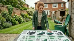 A comparison graphic outlining the key features of petrol, cordless battery, and electric lawn mowers for UK buyers.