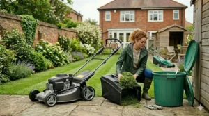 A gardener easily detaching and emptying a large grass collection box filled with fresh lawn clippings.
