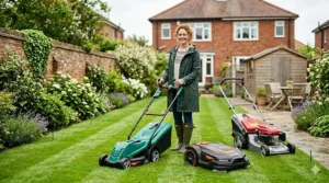 An automatic robot lawn mower quietly navigating a modern residential garden lawn near a patio.