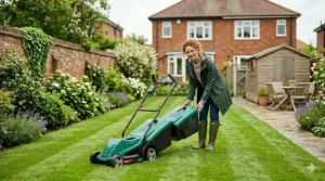 A lightweight lawn mower with its handles completely folded down for compact storage inside a small garden shed.
