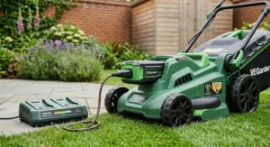 A close-up view of a green cordless garden lawnmower parked on a fresh lawn next to its lithium-ion mains battery charger on a stone patio.
