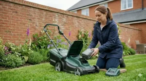A modern cordless lawn mower with a removable lithium-ion battery parked on a small patch of grass.