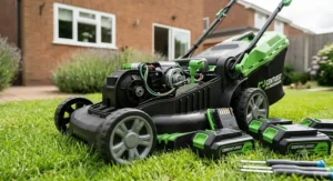 A high-resolution photograph showcasing the internal electric motor and wiring of the modern green cordless lawn mower. Several green rechargeable lithium-ion battery packs are arranged on the grass nearby, with the brick house and garden context visible in the background.