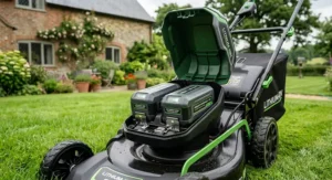 Close-up diagram showing a cordless lawn mower with two lithium-ion batteries installed for extended runtime on large UK lawns.