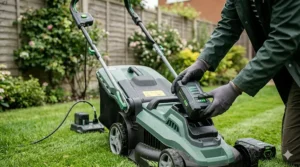 A person wearing protective gloves inserting a lithium-ion battery into a green cordless lawn mower on a garden lawn.