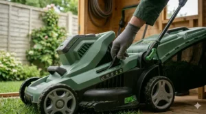 A close-up of a gloved hand adjusting the multi-stage cutting height adjustment lever on the side of a green cordless lawn mower.