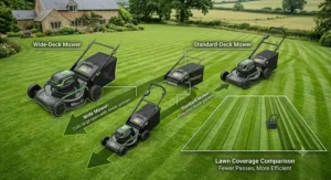 Illustration comparing a wide cutting deck width to a standard mower, showing how it cuts a large garden lawn in fewer passes.