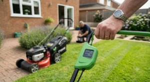 A photorealistic close-up of a user's hand gripping the handle of the modern green battery-powered mower. An illuminated digital screen on the green handle clearly displays 'BATTERY: 65%' and 'CUT HEIGHT: 30mm' under soft, natural daylight, contrasting with a petrol mower blurred in the background.