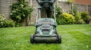 A front view of a cordless lawn mower moving forward, leaving a neatly cut path on a green garden lawn.