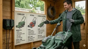 A man in a wooden garden shed pointing to a comparison chart that details the benefits of cordless mowers versus petrol and corded electric alternatives.