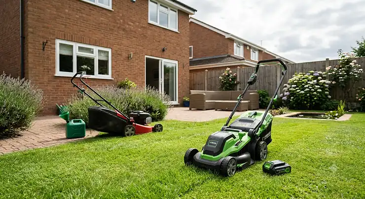 A photorealistic comparison of two lawn mowers on a lush green lawn in a typical British back garden. A modern green cordless battery mower with its battery pack is in the foreground, and a red petrol mower with a green jerry can sits further back near a brick house and patio. cordless vs petrol lawn mower