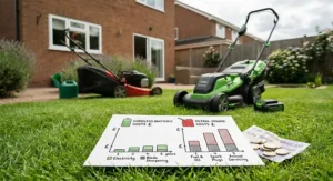 A detailed close-up comparison on a British lawn, displaying a cost diagram with bar graphs comparing five-year operational expenses in Pounds Sterling (£) for a cordless battery mower versus a petrol mower, alongside stacks of UK coins and notes.