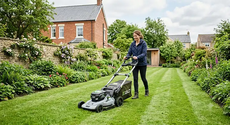 A woman comfortably using an EGO cordless lawn mower on a large striped lawn in a quintessentially British garden with red brick and stone boundary walls.
