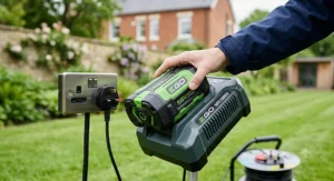 Illustrated close-up of the high-capacity EGO 56V Arc-Lithium battery sliding into its rapid charger, which features a standard UK 3-pin power plug.