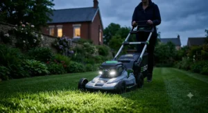 A photorealistic 4K detailed illustration of the EGO cordless lawn mower in a British garden setting at twilight, with bright LED headlights casting a focused beam onto the grass ahead.