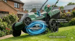 A low-angle close-up illustration focusing on the undercarriage of the lawn mower from image 1, showing the sharp metal cutting blade assembly surrounded by a blue spiralling energy vortex representing powerful suction. A multi-position adjustable lever is shown with an arrow indicating variable cutting height, from 1 to 6.