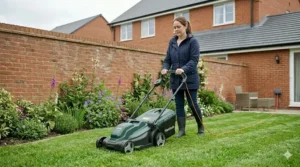 Corded electric wheeled lawn mower with its cable neatly extended across a small cottage garden lawn.