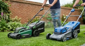 A side-by-side comparison infographic showing a green cordless mower and a blue mower to highlight noise levels, run time per charge, and weight.