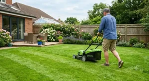 A homeowner mowing a lush green back garden lawn with a Greenworks cordless lawn mower