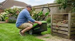 Detaching the large grass clippings collection box from a Greenworks cordless lawn mower next to a garden compost bin