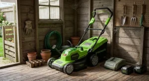 A Greenworks cordless lawn mower with handles folded down for compact storage inside a British garden shed