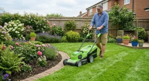 Manoeuvring a lightweight Greenworks cordless lawn mower around curved flowerbeds and garden borders