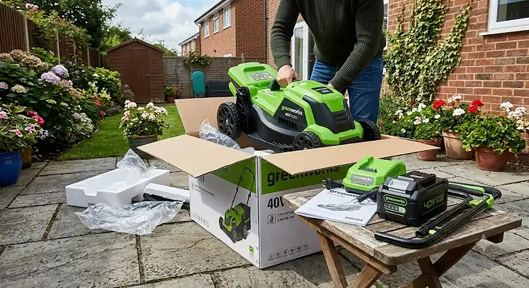 Unboxing a Greenworks cordless lawn mower on a British residential patio showing the battery and charger