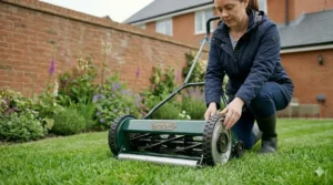 Manual hand-push cylinder lawn mower creating classic stripes on a small, well-maintained rear lawn.