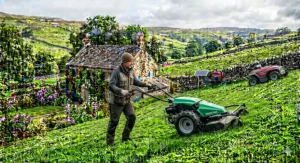 A lightweight electric hover mower being used to trim a steep grassy bank that a standard wheeled mower cannot safely reach.