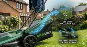 A detailed close-up photograph of a person, similarly dressed to the man in image 1, gripping the handle of the large, green 30L grass collection box. A technical blue arrow with glowing energy lines illustrates how grass clippings are deposited into the box, and a smaller illustration shows the foldable handles for storage.