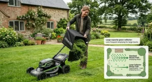 Illustration of a cordless lawn mower with a large-capacity grass collection box being easily emptied into a garden compost bin.