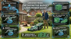 A comprehensive master guide infographic that summarises all key features of the Greenstride lawn mower. In the centre, the man from image 1 is pushing the mower. Seven distinct, technical panels surround him, detailing features like lithium-ion power, blade suction, composite deck durability, value packaging under £200, collection box, and quiet motor.