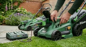Two green cordless electric lawnmowers lined up on a patio and grass to show a cutting width comparison.