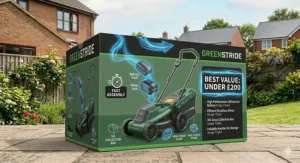 A large cardboard retail box designed with Greenstride branding is centrally placed on a paved patio section of the garden from image 1. A prominent neon-style digital sign glows brightly with the text 'BEST VALUE: UNDER £200', and a checklist details the mower's main features like the Lithium-Ion Battery and 30L Collection Box.