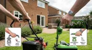A highly detailed photorealistic comparison focused on two hands operating mowers in a backyard. The user's hand gripping the green cordless mower handle is relaxed, linked to an inset illustration of a 'LIGHTWEIGHT: 12kg' scale and a 'Reduced Strain' ergonomic curve. In contrast, the hand on the red petrol mower handle is tense, linked to a complex 'HEAVY: 34kg' scale and 'Strain Points' icon, grounded in the context of Ba Che, Quang Ninh, Vietna