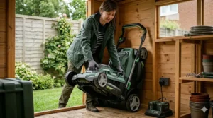 A woman in a green jacket easily lifting and adjusting a lightweight cordless lawn mower inside a wooden garden shed.