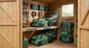 Multiple compact battery-powered lawnmowers with grass collector boxes stored neatly on wooden shelves inside a small timber garden shed.