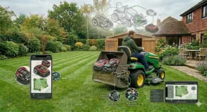 Diagram explaining how a mulching lawn mower finely chops grass clippings and returns them to the soil as natural fertiliser for large lawns.