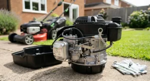 A detailed close-up photograph capturing the complex inner mechanics of a petrol lawn mower engine, including the carburetor and spark plug wire. The engine cover is removed to show the intricate engineering under natural light, with a traditional brick house blurred in the background.