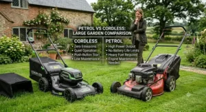 A side-by-side comparison illustration showing a heavy petrol mower next to a lightweight, eco-friendly cordless lawn mower for a large garden.