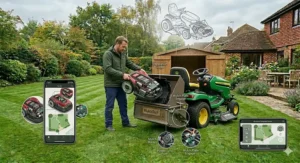 Diagram of a ride-on lawn mower and garden tractor, highlighting its wide cutting deck width for maintaining acreage and paddock grass.