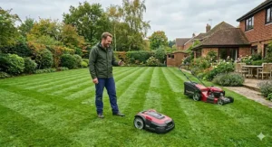 Illustration of an automated robotic lawn mower navigating around flowerbeds and trees via a boundary wire on a massive back garden lawn.