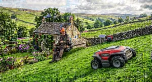A detailed illustration highlighting the unique traction system of a specialised robotic lawn mower designed for complex UK garden slopes.