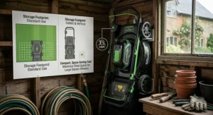 Illustration of a compact, cordless lawn mower with folded handles stored vertically inside a standard British garden shed.