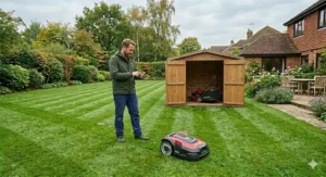 Illustration showing a folded cordless lawn mower stored neatly inside a standard British garden shed alongside garden tools.