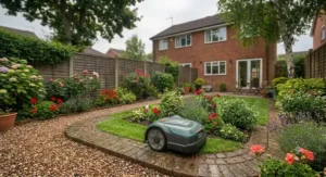 An affordable robotic lawn mower safely navigating narrow pathways and flowerbeds in a UK garden.